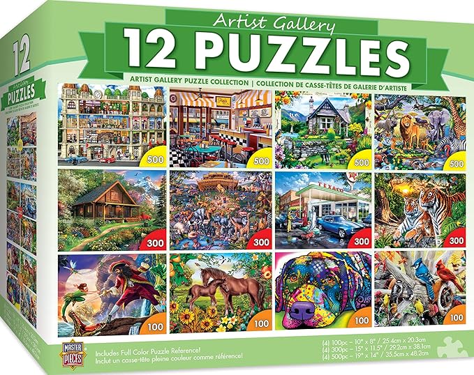 MasterPieces 12 Pack Jigsaw Puzzles for Adults, Family, Or Kids - Artist Gallery 12-Pack Bundle - 500, 300, and 100 Piece Puzzles