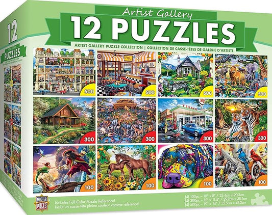 MasterPieces 12 Pack Jigsaw Puzzles for Adults, Family, Or Kids - Artist Gallery 12-Pack Bundle - 500, 300, and 100 Piece Puzzles