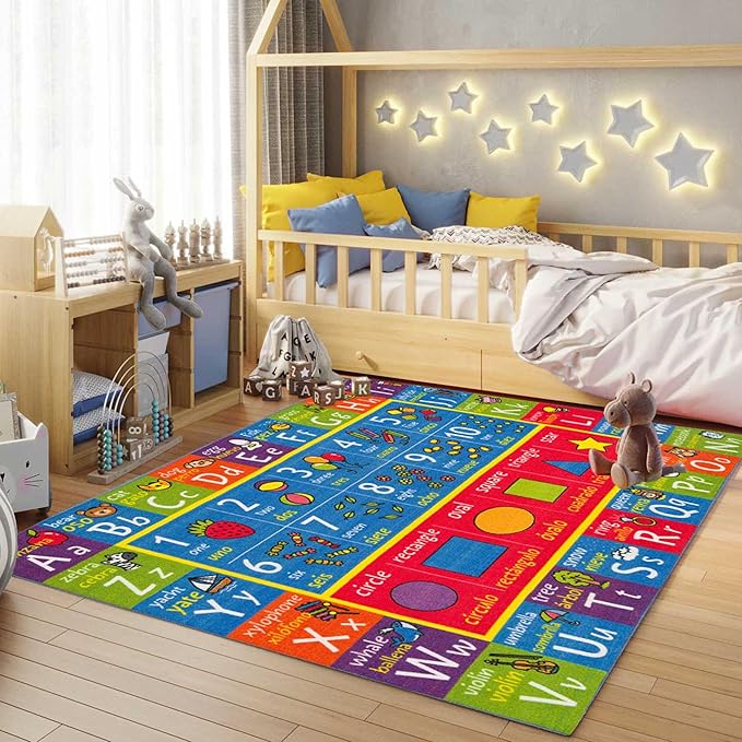 KC Cubs ABC Alphabet, Seasons, Days + Spanish Translations Educational Learning Game Play Boy & Girl Kids Area Rug Carpet for Children Bedroom, Toddler Classroom, & Baby Playroom Floor Activity Mat