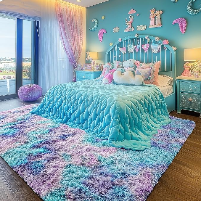 PAGISOFE 8x10 Area Rug, Cute Kawaii Purple Rainbow Rug for Girls Bedroom, Soft Fluffy Shag Rug for Girls Room, Baby, Kids Playroom, Nursery, Classroom, Plush Furry Mermaid Rug, Fuzzy Pastel Carpet