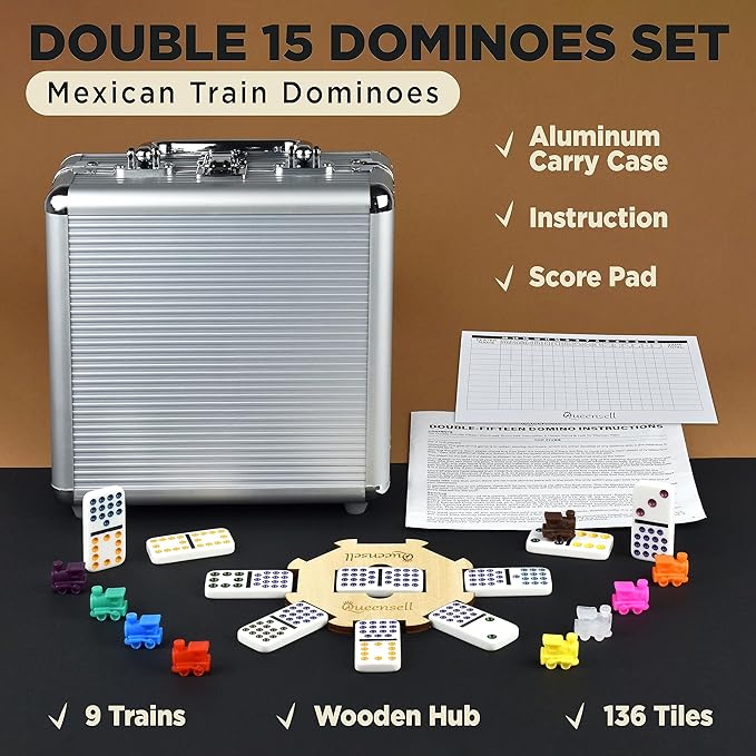 Queensell Mexican Train Dominoes Set Double 15, Dominoes Set for Adults and Family, Mexican Train Double 15 Dominoes Set Colored Dot - 136 Tiles, 9 Trains, Wooden Hub, Aluminum Case (Double 15)