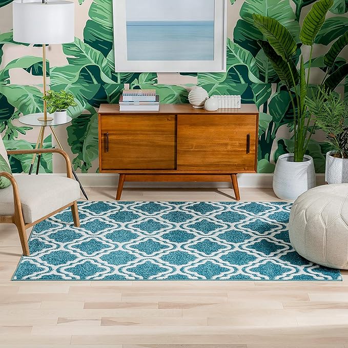 Modern Rug Calipso Blue 5' x 7' Lattice Trellis Accent Area Rug Entryway Bright Kids Room Kitchn Bedroom Carpet Bathroom Soft Durable Area Rug