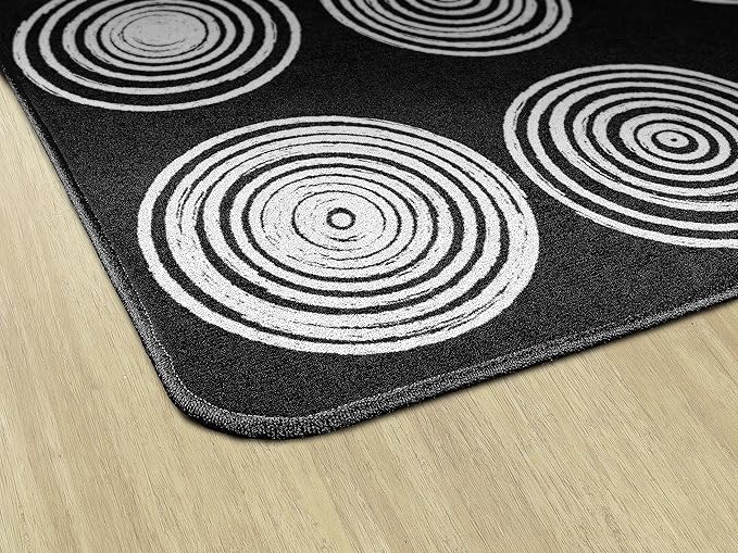 Flagship Carpets Circles Abstract Educational Area Rug for Kids Room Seating Décor, Children's Classroom, Play Carpet for Teaching and Playroom, Seats 20, 6' x 8'4", Black & White