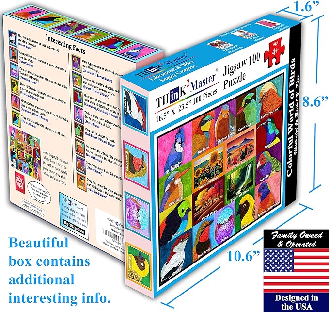 Think2Master Colorful World Map of Birds 100 Pieces Jigsaw Puzzle Fun Educational Toy for Kids, School & Families. Illustration by Rachel Kim. Great Gift for Boys & Girls Ages 4-8. Size:23.4” X 16.5”