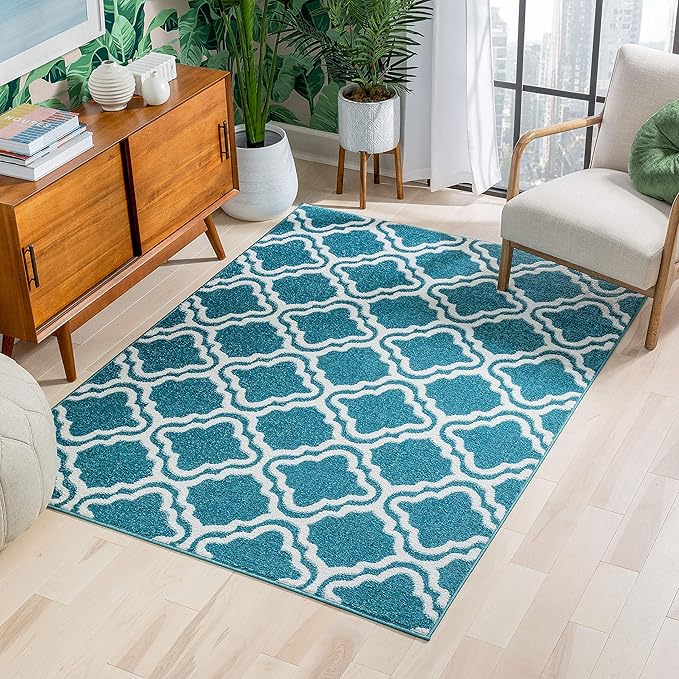 Modern Rug Calipso Blue 5' x 7' Lattice Trellis Accent Area Rug Entryway Bright Kids Room Kitchn Bedroom Carpet Bathroom Soft Durable Area Rug