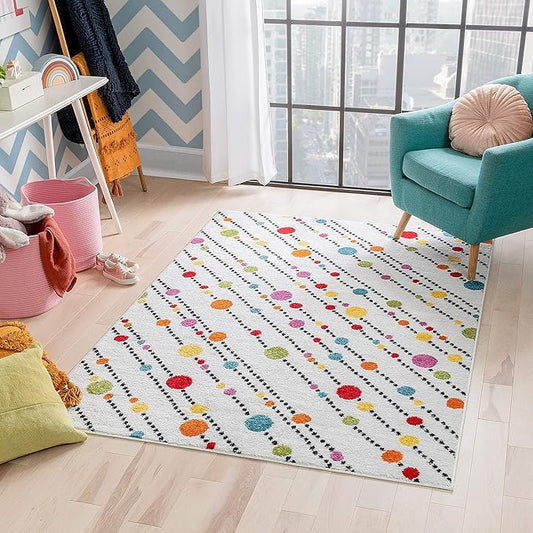 Well Woven Modern Rug Dandy Dots Stripes Ivory 5' x 7'Accent Area Rug Entryway Bright Kids Room Kitchn Bedroom Carpet Bathroom Soft Durable Area Rug