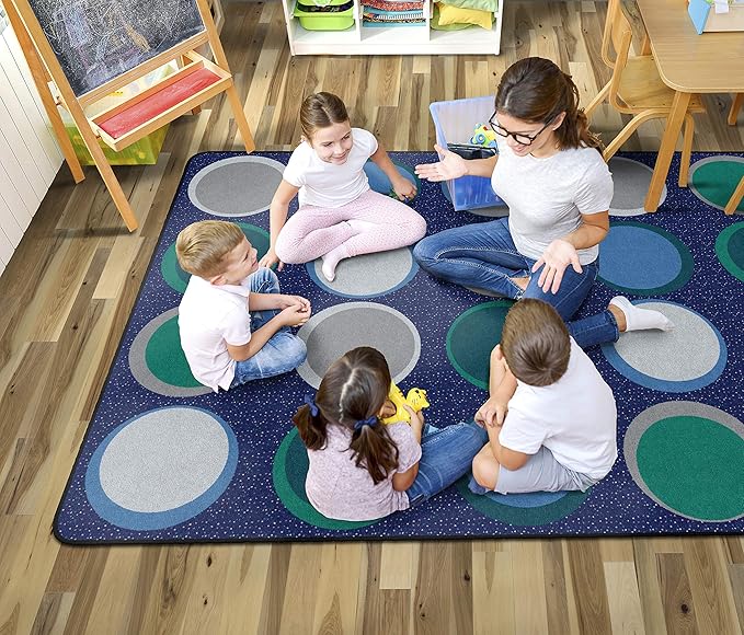 Flagship Carpets Sitting Spots Seating Rectangle Area Rug for Children's Classroom or Kids Playroom, and Home Learning Carpet, Seats 20, 6' x 8'4", Cool Blue