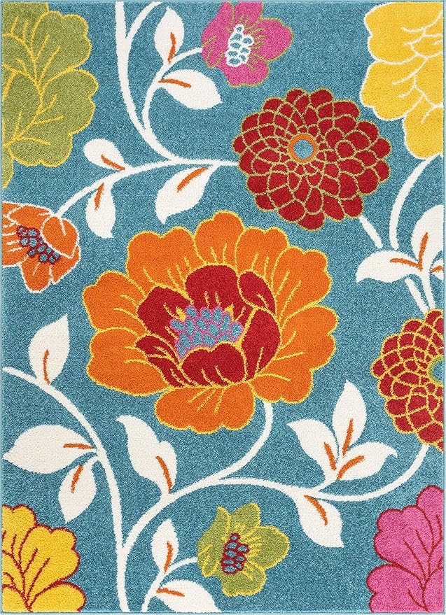 Well Woven Modern Rug Daisy Flowers Blue 3'3" x 5' Floral Accent Area Rug Entryway Bright Kids Room Kitchen Bedroom Carpet Bathroom Soft Durable Area Rug