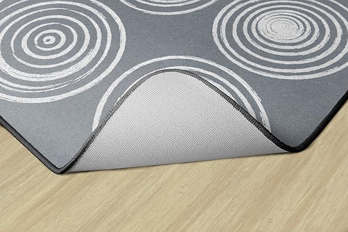 Flagship Carpets Circles Abstract Educational Area Rug for Kids Room Seating Décor, Children's Classroom, Play Carpet for Teaching and Playroom, Seats 24, 7'6" x 12', White & Grey
