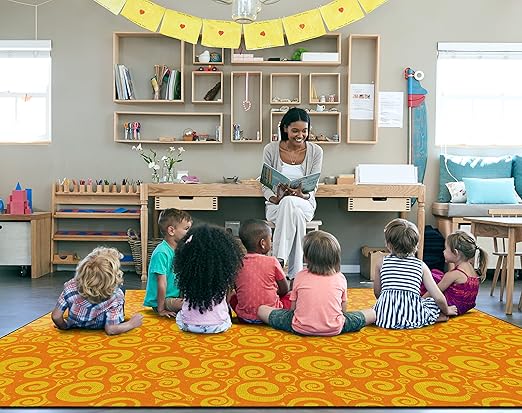 Flagship Swirl Tone on Tone Carpet for Children's Classroom and Bedroom Area Rug, Playroom or Teaching Area for Playtime and Reading, 10'6" x 13'2", Orange