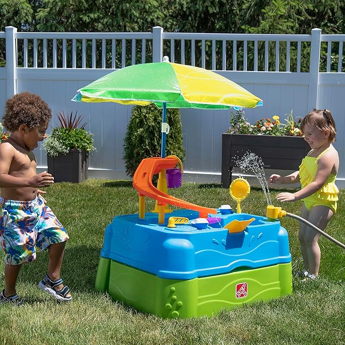 Step2 Waterpark Wonders Two-Tier Water Table, Kids Water Activity Sensory Playset, Comes with Umbrella, Summer Outdoor Toys, 11 Piece Water Toy Accessories, for Toddlers 1.5+ Years Old