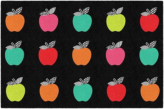 Flagship Carpets Schoolgirl Style Stylish Black & White Brights Apple Sit Spot Classroom Area Rug for Indoor Classroom Learning or Kid Bedroom Educational Play Mat, 5'x7'6", Multi