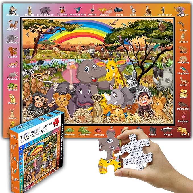 Think2Master Zoo Animals of The Savanna Jungle Safari 100 Pieces Jigsaw Puzzle. Fun Educational Toy for Kids, School & Families. Great Gift for Boys & Girls Ages 5-8 4-6 6-8 8-10 23.4” X 16.5”