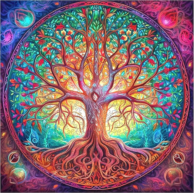 Wooden Puzzles, Mandala Tree of Life 200 Piece Puzzles for Adults and Kids, Unique Shaped Animal Wooden Jigsaw Puzzle for Birthday Gift, Family Game 11.2 x 11.2 Inch