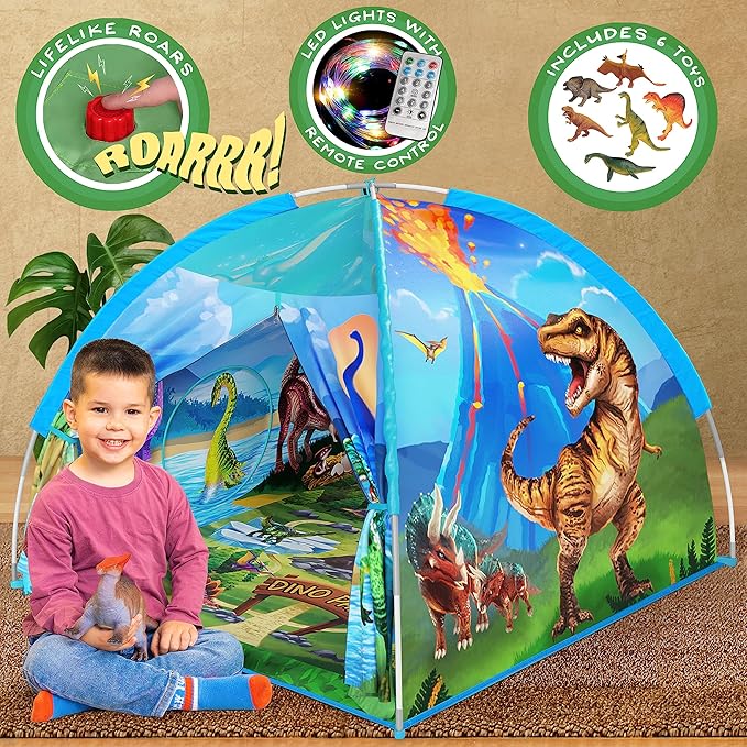 W&O Dino Paradise Super Dome with Roar Button, Dinosaur Toys and LED Lights - Epic Dinosaur Tent for Kids Aged 3-12 - Perfect for Indoor & Outdoor Adventures