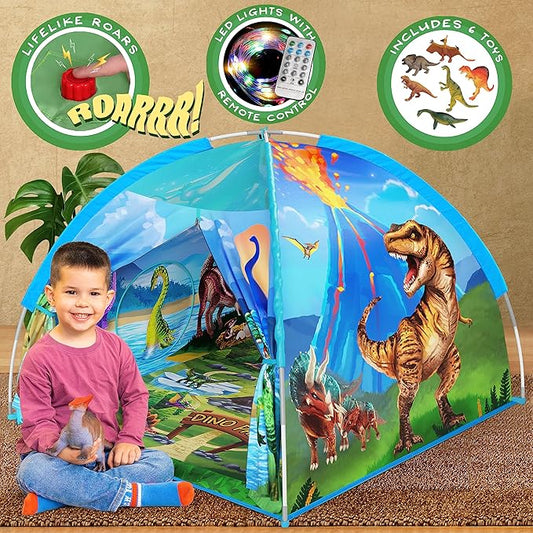 W&O Dino Paradise Super Dome with Roar Button, Dinosaur Toys and LED Lights - Epic Dinosaur Tent for Kids Aged 3-12 - Perfect for Indoor & Outdoor Adventures