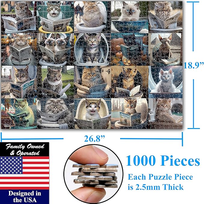 Think2Master Pooping Cats & Kittens 1000 Pieces Jigsaw Puzzle. Perfect Bathroom Decoration, Gag Gift. Fun for Teens, Seniors & Families. Great Gift for Kids Ages 13+. Size: 26.8” x 18.9”