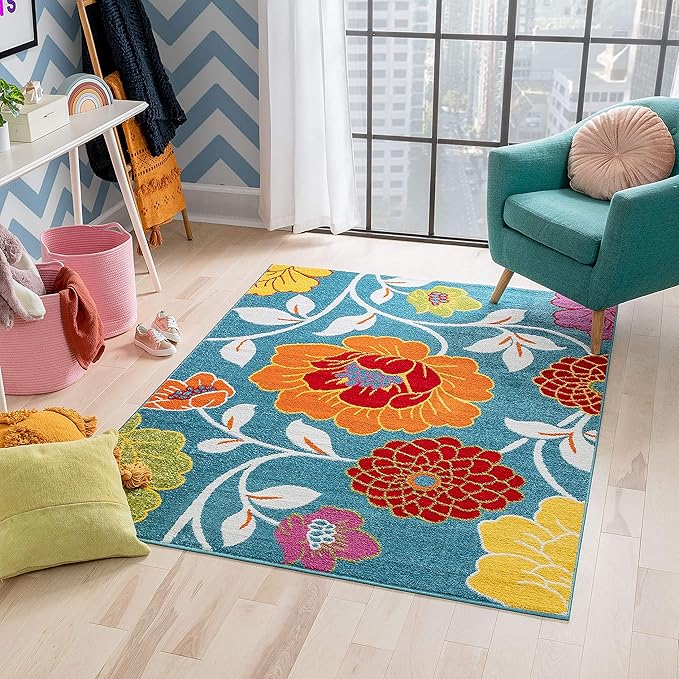 Well Woven Modern Rug Daisy Flowers Blue 3'3" x 5' Floral Accent Area Rug Entryway Bright Kids Room Kitchen Bedroom Carpet Bathroom Soft Durable Area Rug