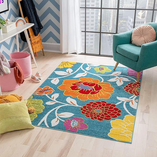 Well Woven Modern Rug Daisy Flowers Blue 3'3" x 5' Floral Accent Area Rug Entryway Bright Kids Room Kitchen Bedroom Carpet Bathroom Soft Durable Area Rug
