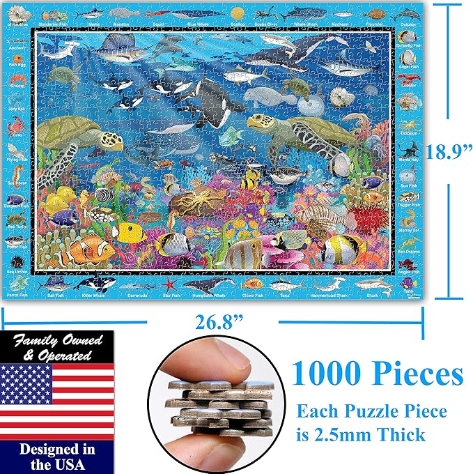 Think2Master Colorful Ocean Life 1000 Pieces Jigsaw Puzzle for Kids 12+, Teens, Adults & Families. Great Gift for stimulating Learning About Coral Reefs. Size: 26.8” X 18.9”