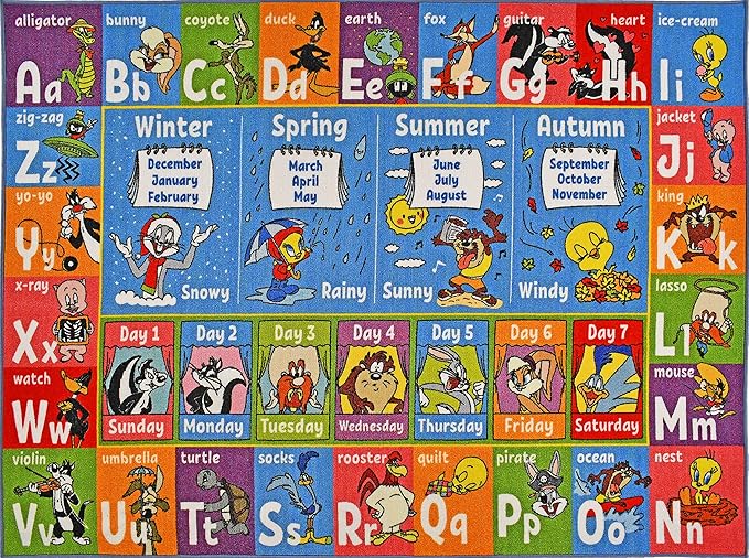 KC Cubs | Looney Tunes ABC Alphabet, Seasons, Months and Days of The Week Educational Learning & Game Play Area Non Slip Boy & Girl Kids Rug Carpet for Children Bedroom, Toddler Classroom & Baby Mat
