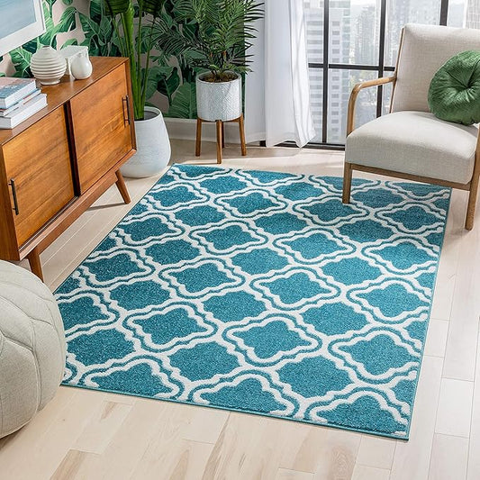 Modern Rug Calipso Blue 5' x 7' Lattice Trellis Accent Area Rug Entryway Bright Kids Room Kitchn Bedroom Carpet Bathroom Soft Durable Area Rug