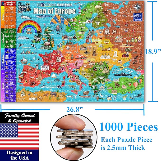 Think2Master Colorful Map of Europe 1000 Pieces Jigsaw Puzzle for Kids 12+, Teens, Adults & Families. Great Gift for stimulating Interest in The European Map. Size: 26.8” X 18.9”