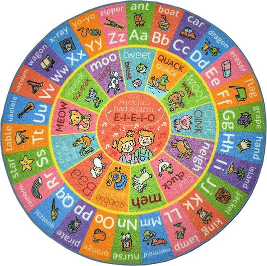 KC Cubs Playtime Collection ABC Alphabet with Old MacDonald's Animals Educational Learning & Game Round Circle Area Rug Carpet for Kids and Children Bedrooms and Playroom