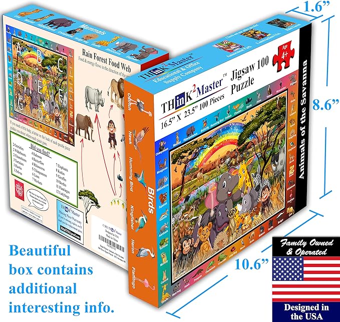 Think2Master Zoo Animals of The Savanna Jungle Safari 100 Pieces Jigsaw Puzzle. Fun Educational Toy for Kids, School & Families. Great Gift for Boys & Girls Ages 5-8 4-6 6-8 8-10 23.4” X 16.5”