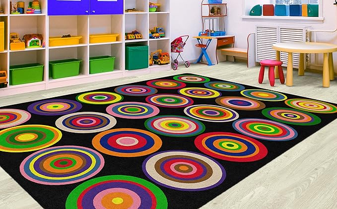 Flagship Carpets Color Rings Colorful Children's Area Rug for Kids Room Circle Seating Décor, Play Carpet for Teaching and Playing, Seats 24, 7'6" x 12', Black