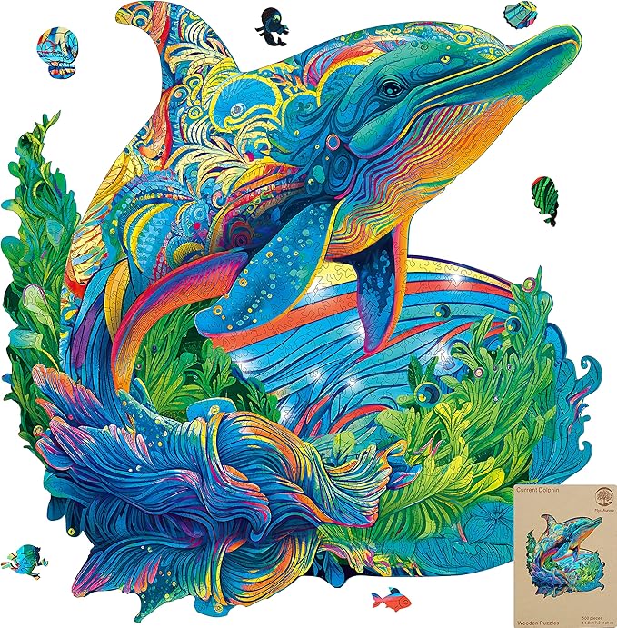 Wooden Puzzles, Dolphin Jigsaw Puzzles 500 Pieces, Unique Shaped Wooden Puzzles for Adults and Kids, Family Game 17.4 x 16.8 Inch