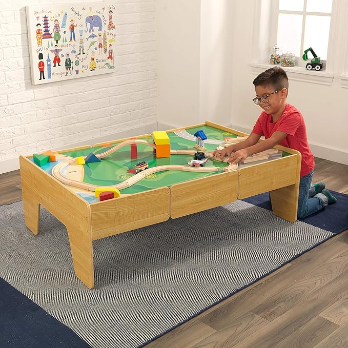 KidKraft Double-Sided Wooden Train and Activity Table with Built-in Storage Drawer, Natural, Gift for Ages 3+