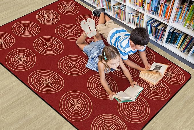 Flagship Carpets Circles Abstract Educational Area Rug for Kids Room Seating Décor, Children's Classroom, Play Carpet for Teaching and Playroom, Seats 20, 6' x 8'4", Brick