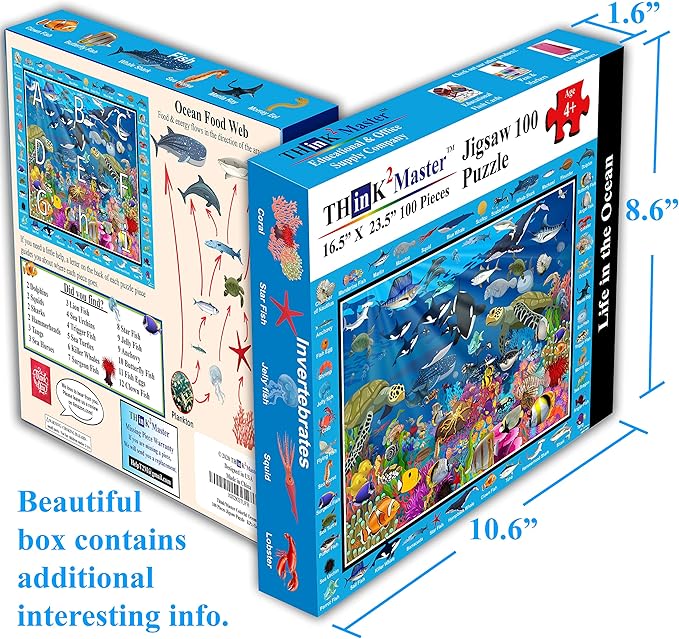Think2Master Colorful Ocean Life 100 Pieces Jigsaw Puzzle Fun Educational Toy for Kids, School & Families. Great Gift for Boys & Girls Ages 4-8 to Stimulate Learning. Size:23.4” X 16.5”