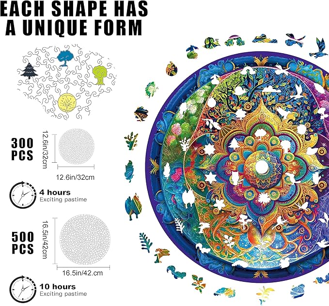 500 Piece Puzzles for Adults Mandala Wooden Jigsaw Puzzles Unique Unique Shape Brain Teaser Puzzles, Beautiful Package, Best Gift for Adults Family Games