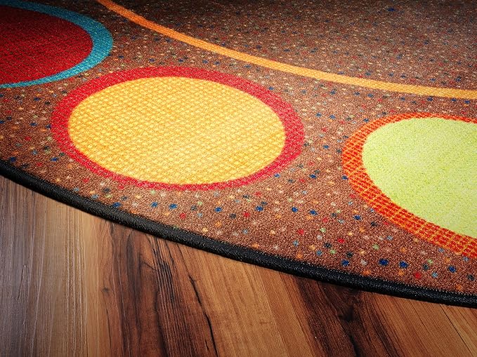 Flagship Carpets Sitting Spots Seating Oval Area Rug for Children's Classroom or Kids Playroom, and Home Learning Carpet, Seats 24, 7'6" x 12', Brown