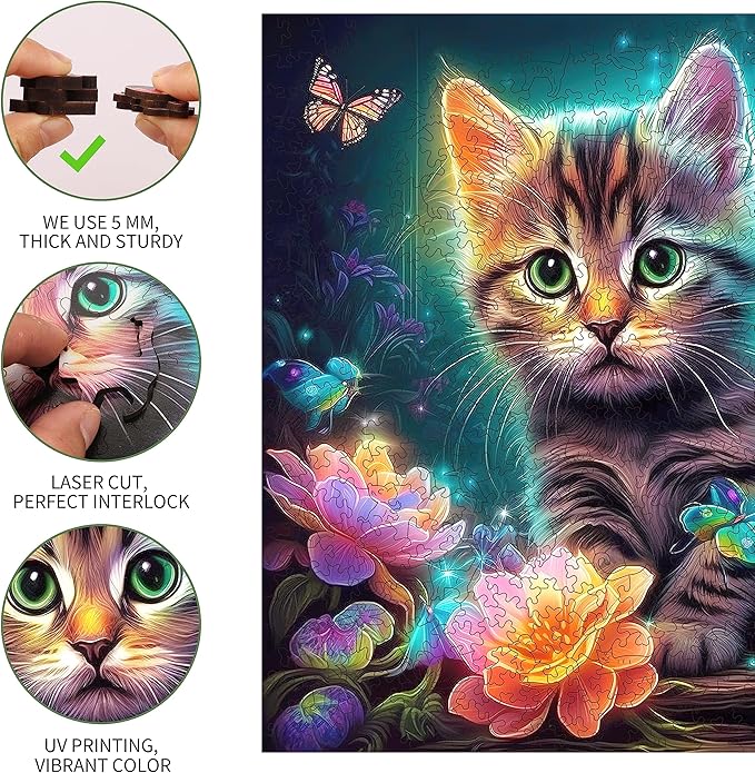 Wooden Puzzles, Kitten in Dream Wooden Jigsaw Puzzles 500 Piece, Unique Luxurious Shaped Wood Puzzle for Adults and Kids, Best Gift for Birthday 11.2 x 11.2 Inch