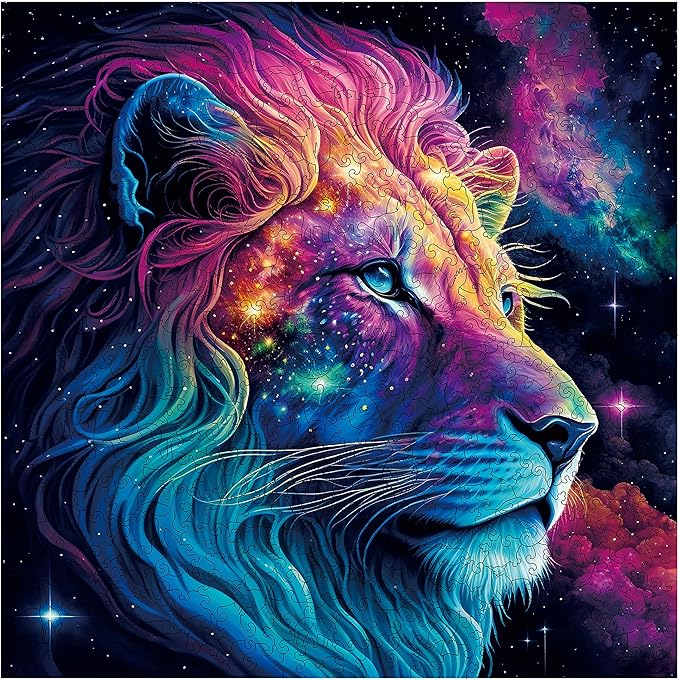Unique Wooden Jigsaw Puzzles - Starry Lion, 200 Pcs Medium Size 11.2'' x 11.2'', Luxurious Animal Shaped Wood Puzzle, Beautiful Package, Best Gift for Adults
