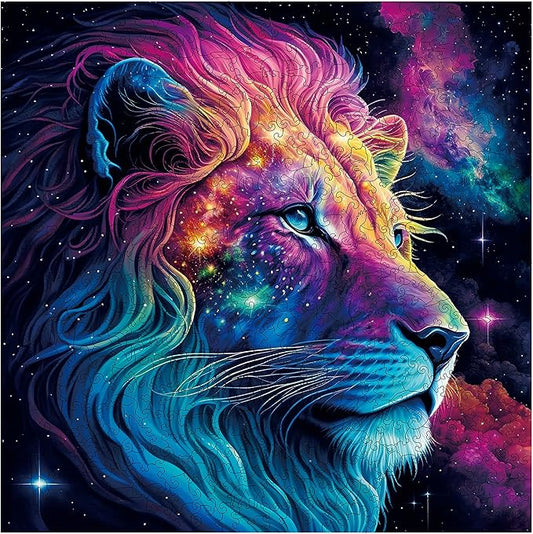 Unique Wooden Jigsaw Puzzles - Starry Lion, 200 Pcs Medium Size 11.2'' x 11.2'', Luxurious Animal Shaped Wood Puzzle, Beautiful Package, Best Gift for Adults