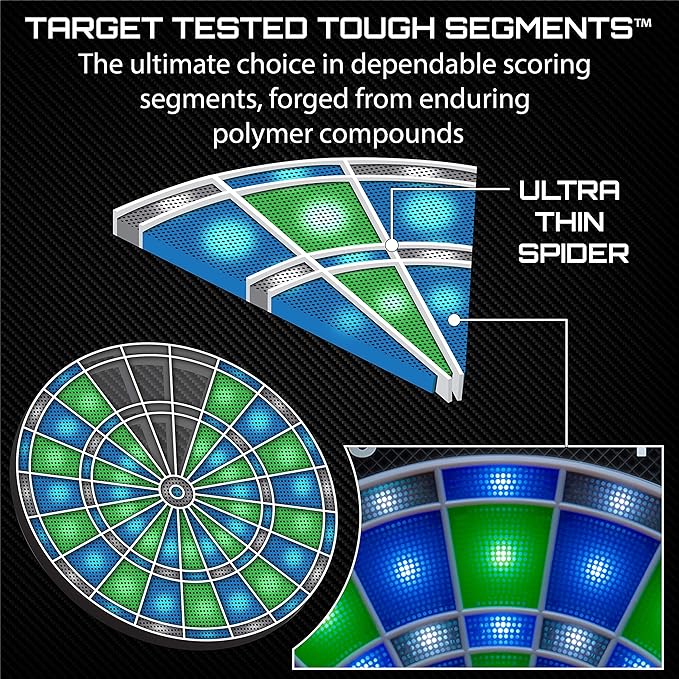 Viper Ion Electronic Dartboard, Illuminated Segments, Light Based Games, Green and Blue Segment Colors, Ultra Thin Spider to Increased Scoring Area