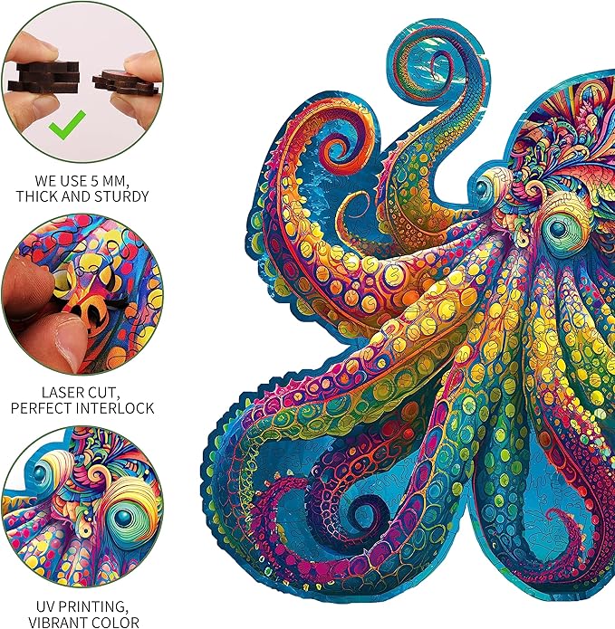 Unique Wooden Jigsaw Puzzles - Agate Octopus, 300 Pcs Medium Size 12.6'' x 12.2'', Luxurious Animal Shaped Wood Puzzle, Beautiful Package, Best Gift for Adults …