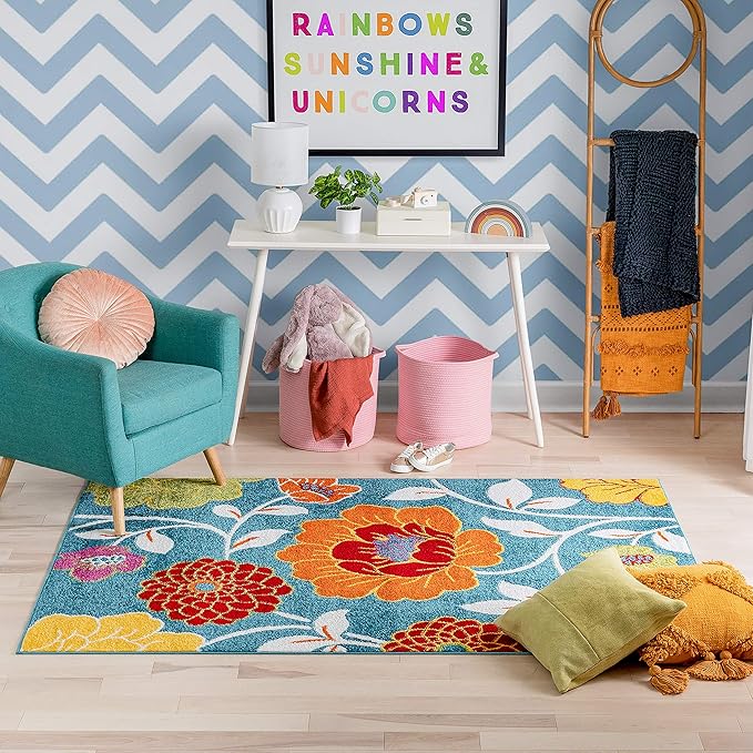 Well Woven Modern Rug Daisy Flowers Blue 3'3" x 5' Floral Accent Area Rug Entryway Bright Kids Room Kitchen Bedroom Carpet Bathroom Soft Durable Area Rug