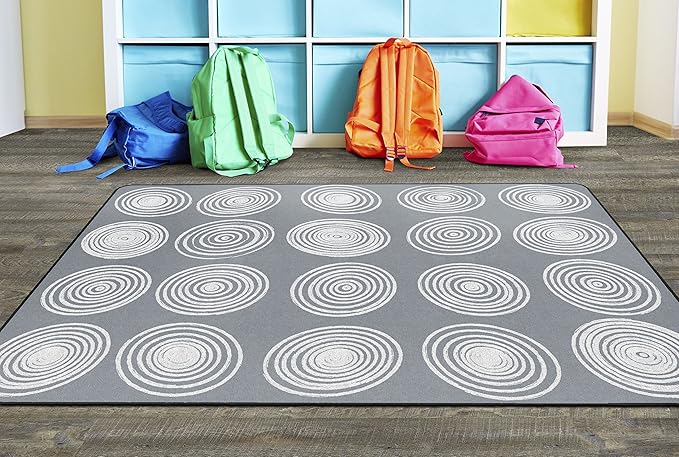 Flagship Carpets Circles Abstract Educational Area Rug for Kids Room Seating Décor, Children's Classroom, Play Carpet for Teaching and Playroom, Seats 20, 6' x 8'4", White & Grey
