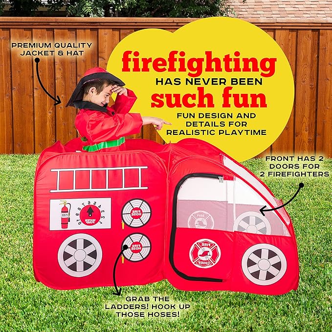 Kiddey Fire Truck Tent for Kids | Firetruck Play Tents with Sirens and Fireman Sounds for Girls, Boys, & Toddlers Gifts | Red Fire Engine Pop Up Playhouse with Costume | Indoor & Outdoor Baby Tent