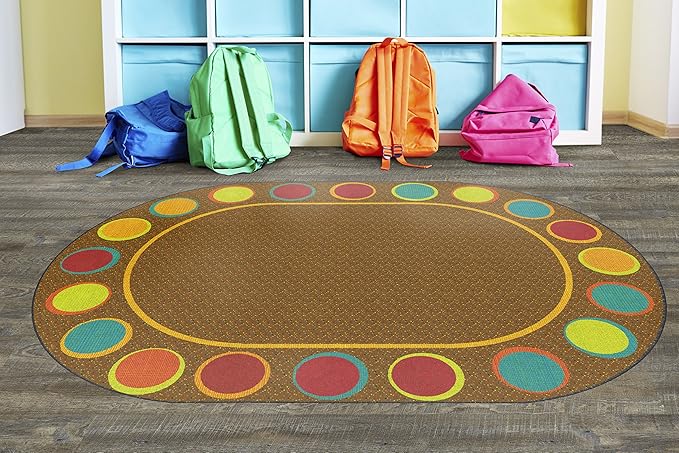 Flagship Carpets Sitting Spots Seating Oval Area Rug for Children's Classroom or Kids Playroom, and Home Learning Carpet, Seats 20, 6' x 8'4", Brown