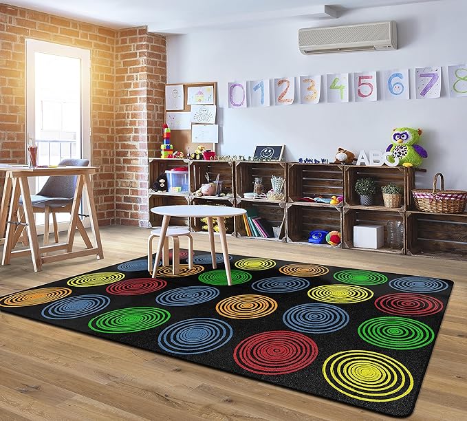Flagship Carpets Circles Abstract Educational Area Rug for Kids Room Seating Décor, Children's Classroom, Play Carpet for Teaching and Playroom, Seats 24, 7'6" x 12', Black & Multi Color