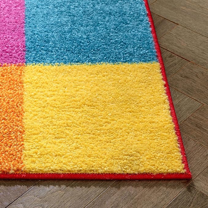 Modern Squares Multi Geometric Area Rug (7'10" x 10'6") Abstract Checkerborad Boxes Bright Living Kid RoomPlayroom Nursery Bedroom Carpet Soft Durable Stain Fade Resistant Shed Free Easy Clean