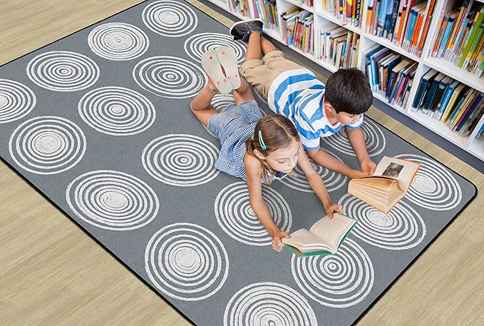 Flagship Carpets Circles Abstract Educational Area Rug for Kids Room Seating Décor, Children's Classroom, Play Carpet for Teaching and Playroom, Seats 20, 6' x 8'4", White & Grey
