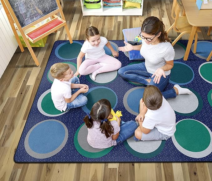 Flagship Carpets Sitting Spots Seating Rectangle Area Rug for Children's Classroom or Kids Playroom, and Home Learning Carpet, Seats 24, 7'6" x 12', Cool Blue