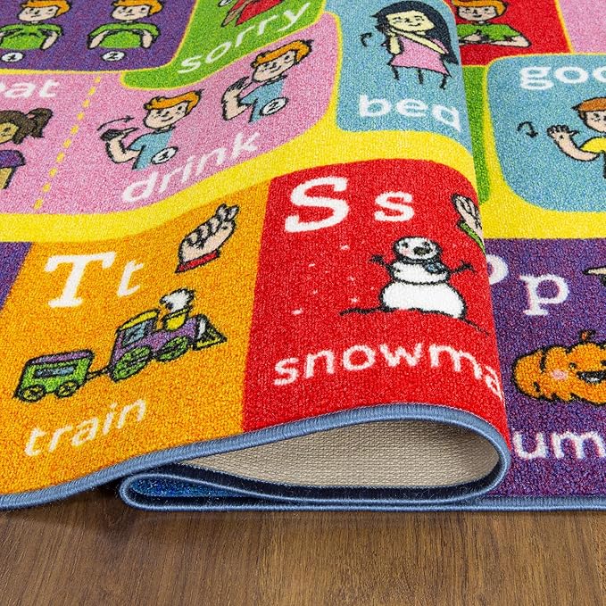 KC Cubs ABC Alphabet ASL Sign Language Educational Learning & Fun Game Play Area Non Slip Boy & Girl Kids Rug Carpet for Children Bedroom, Toddler Classroom & Baby Playroom Mat, 3' 3" x 4' 11"